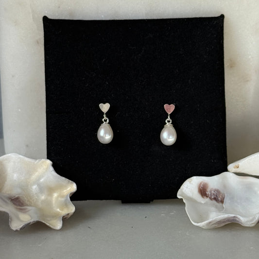 Pearl Stud Earrings, Freshwater Pearl Earrings, Heart Silver Earrings