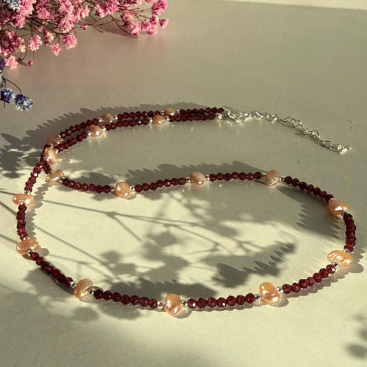 Dainty Garnet Pearl Necklace, Choker, Tiny 2mm Red Beaded Birthstone Necklace with Silver Chain, Anniversary Birthday Christmas Gift for Her, Ultra Jewellery