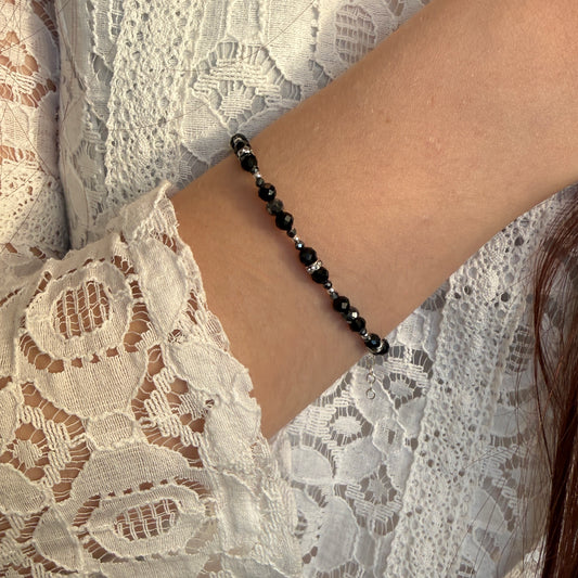 Black Tourmaline Hematite Bracelet, March Birthstone and October Birthstone Silver Bracelet, Anniversary Birthday Christmas Gift For Her, Ultra Jewellery