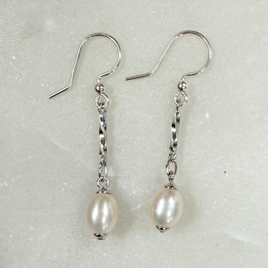 Freshwater Pearl Long Drop Earrings: Sterling Silver Bridal Jewelry