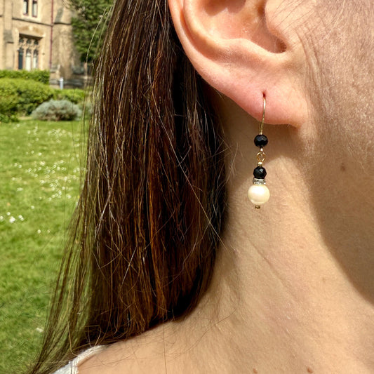 Pearl Drop Earrings: Gold Sterling Silver, Black Onyx Gemstone