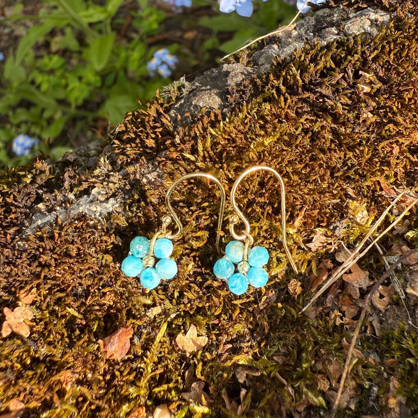 Forget Me Not Gold Earrings: Apatite Beaded Flower Jewelry