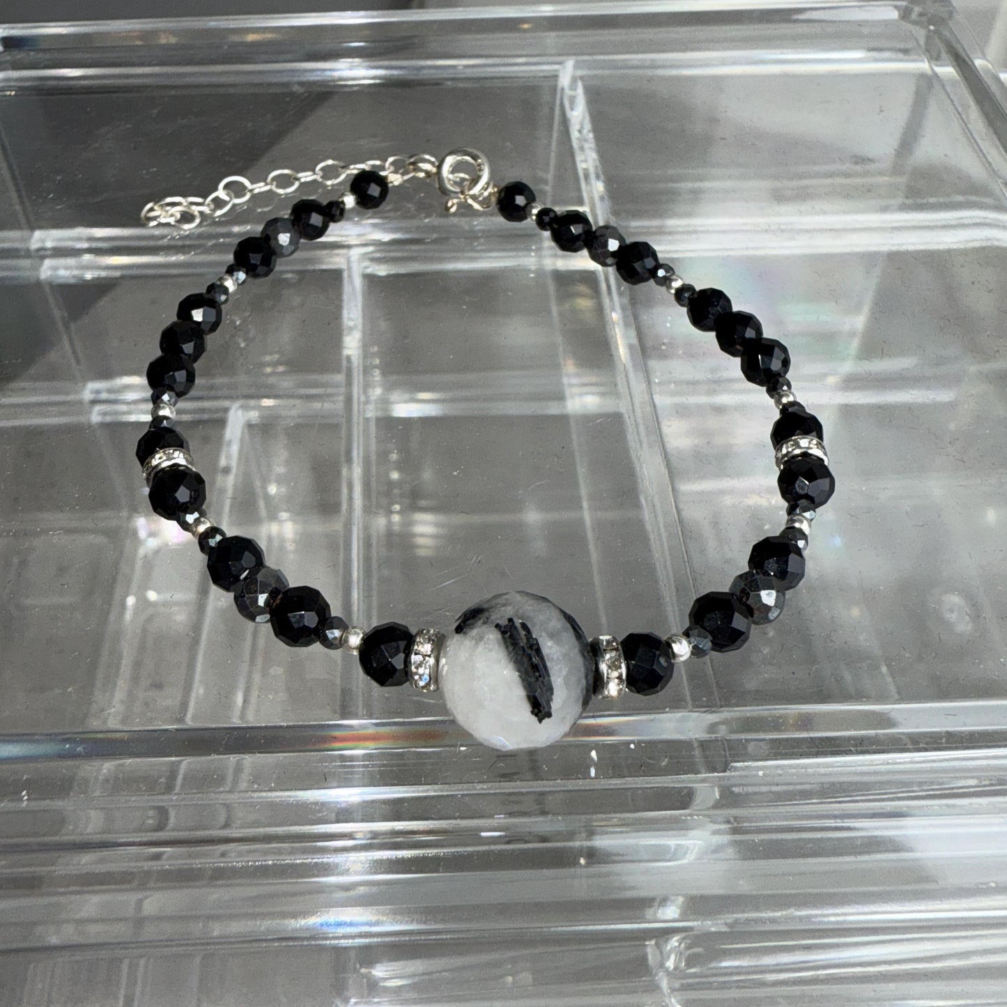 Onyx Hematite Beaded Charm Bracelet with Tourmaline in Silver