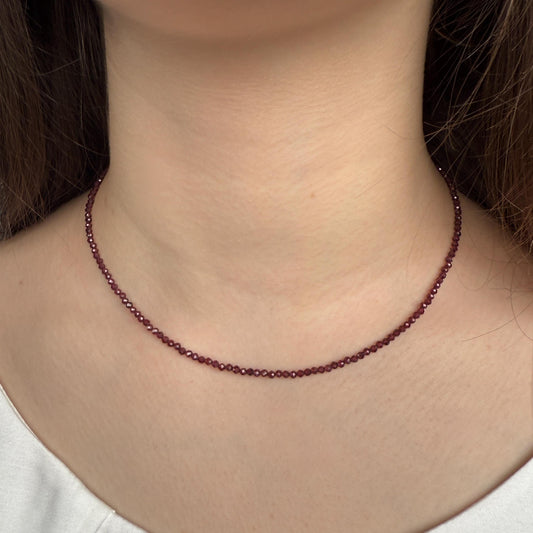 Garnet Choker Necklace, Tiny Beaded Birthstone Necklace with Silver Chain