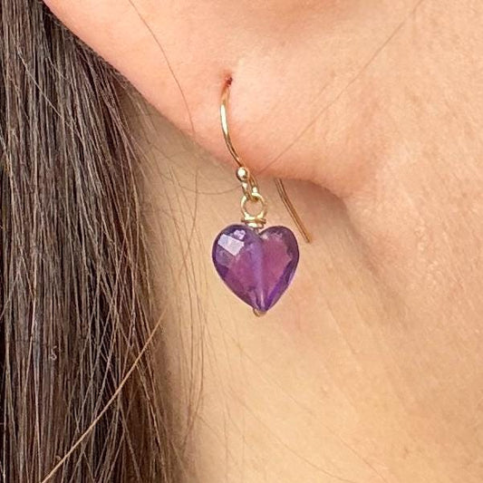 Amethyst Earrings, Purple Heart Gold Earrings