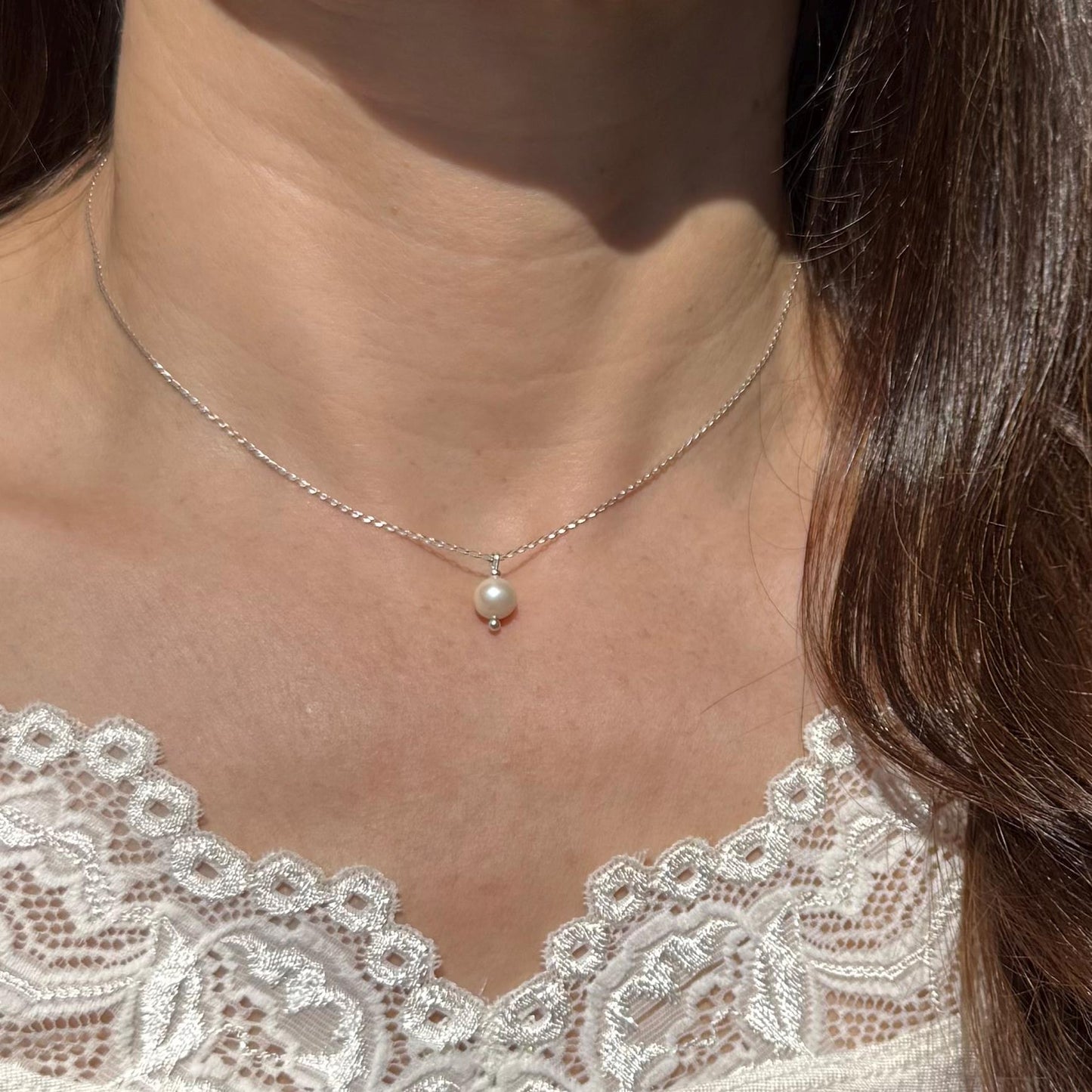 Minimalist Pearl Charm Silver Chain Necklace