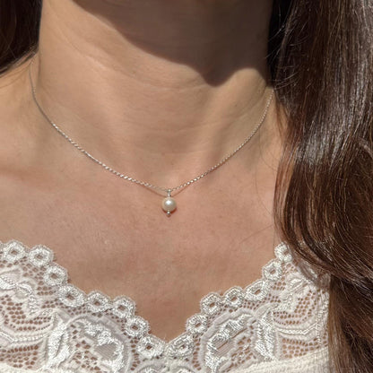 Minimalist Pearl Charm Silver Chain Necklace