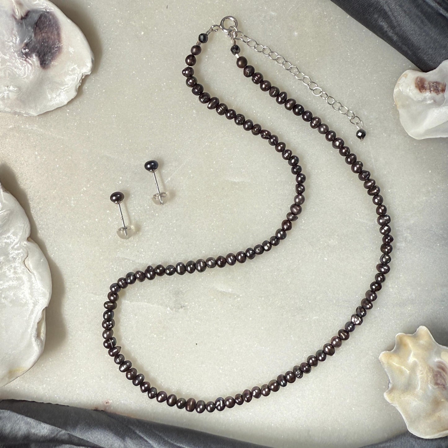 Pearl Necklace Silver Stud Earrings Set