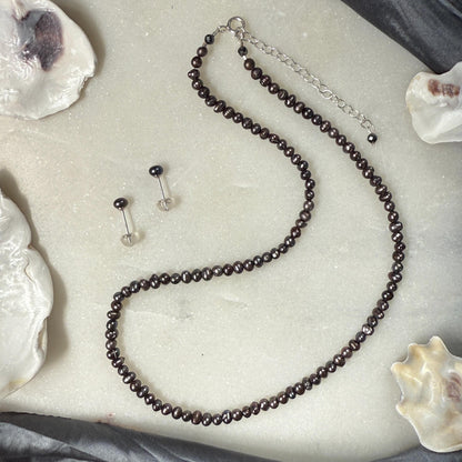 Pearl Necklace Silver Stud Earrings Set