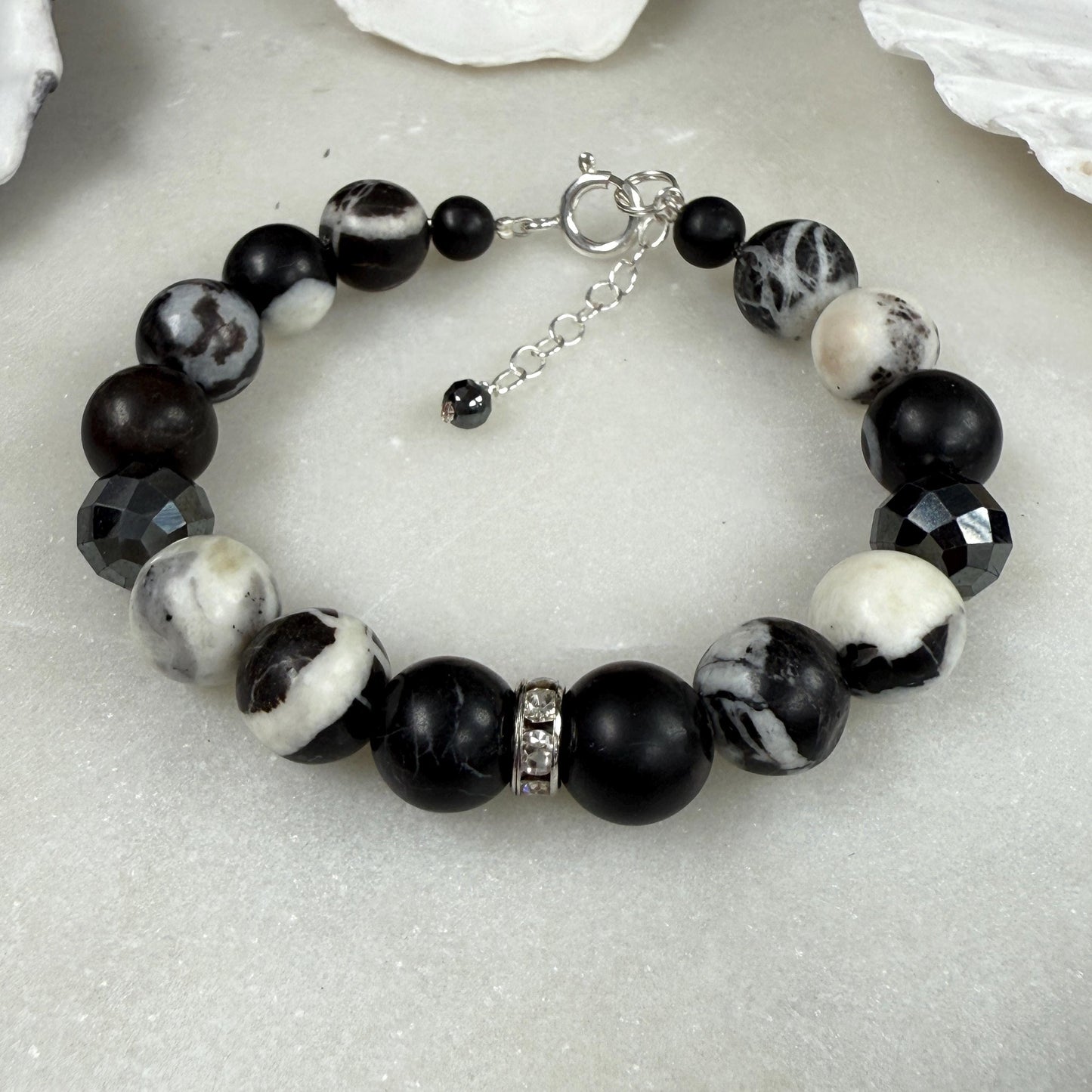 Zebra Jasper Hematite Beaded Bracelet in Sterling Silver