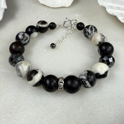 Zebra Jasper Hematite Beaded Bracelet in Sterling Silver