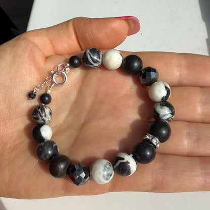 Zebra Jasper Hematite Beaded Bracelet in Sterling Silver