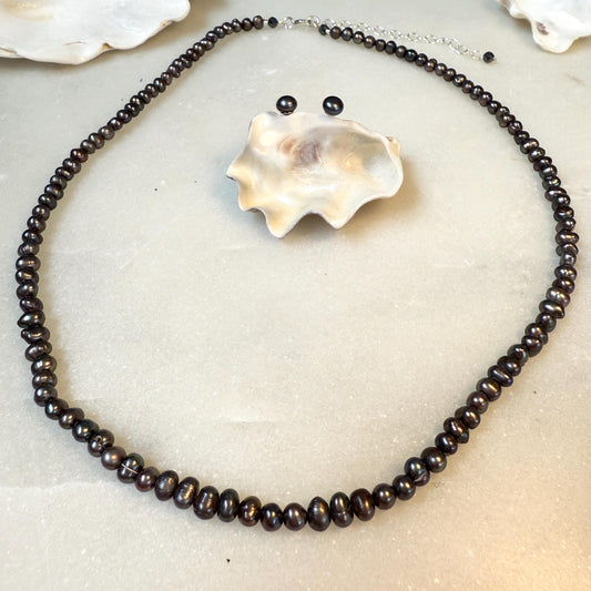 Pearl Necklace Silver Stud Earrings Set