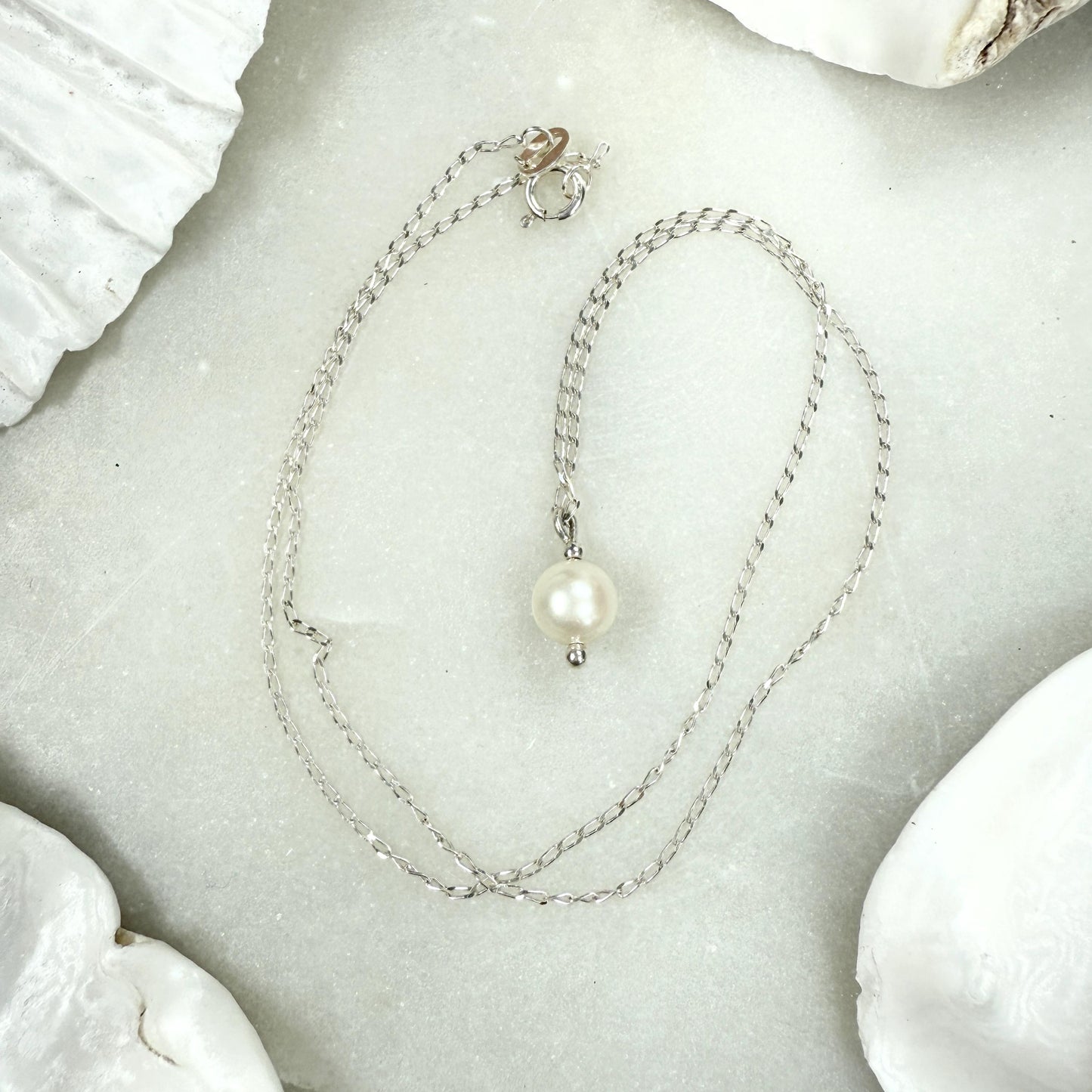 Minimalist Pearl Charm Silver Chain Necklace