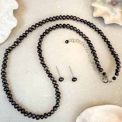 Pearl Necklace Silver Stud Earrings Set