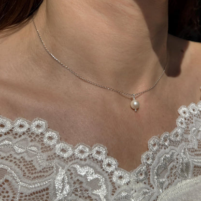 Minimalist Pearl Charm Silver Chain Necklace