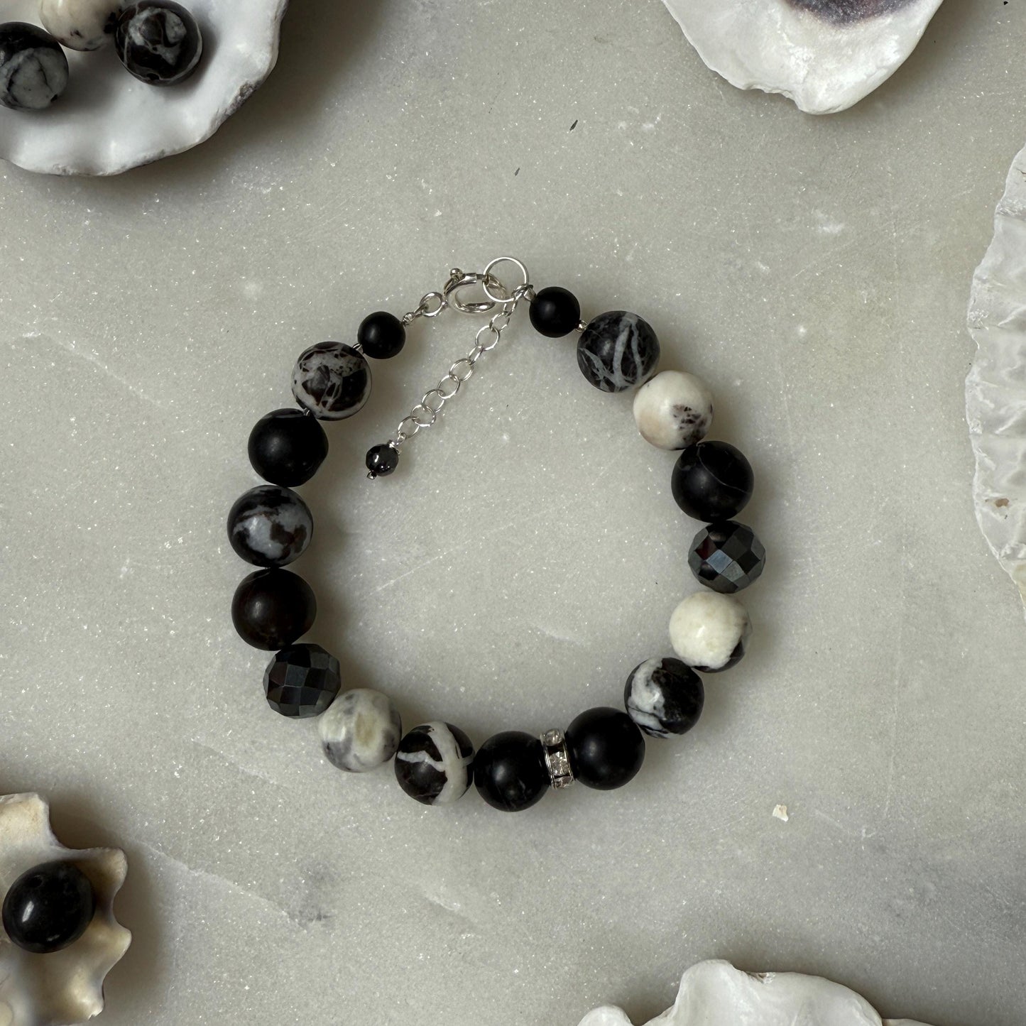 Zebra Jasper Hematite Beaded Bracelet in Sterling Silver