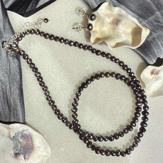 Pearl Necklace Silver Stud Earrings Set