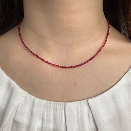 Red Jade Choker Necklace, Tiny Beaded Birthstone Necklace with Silver Chain