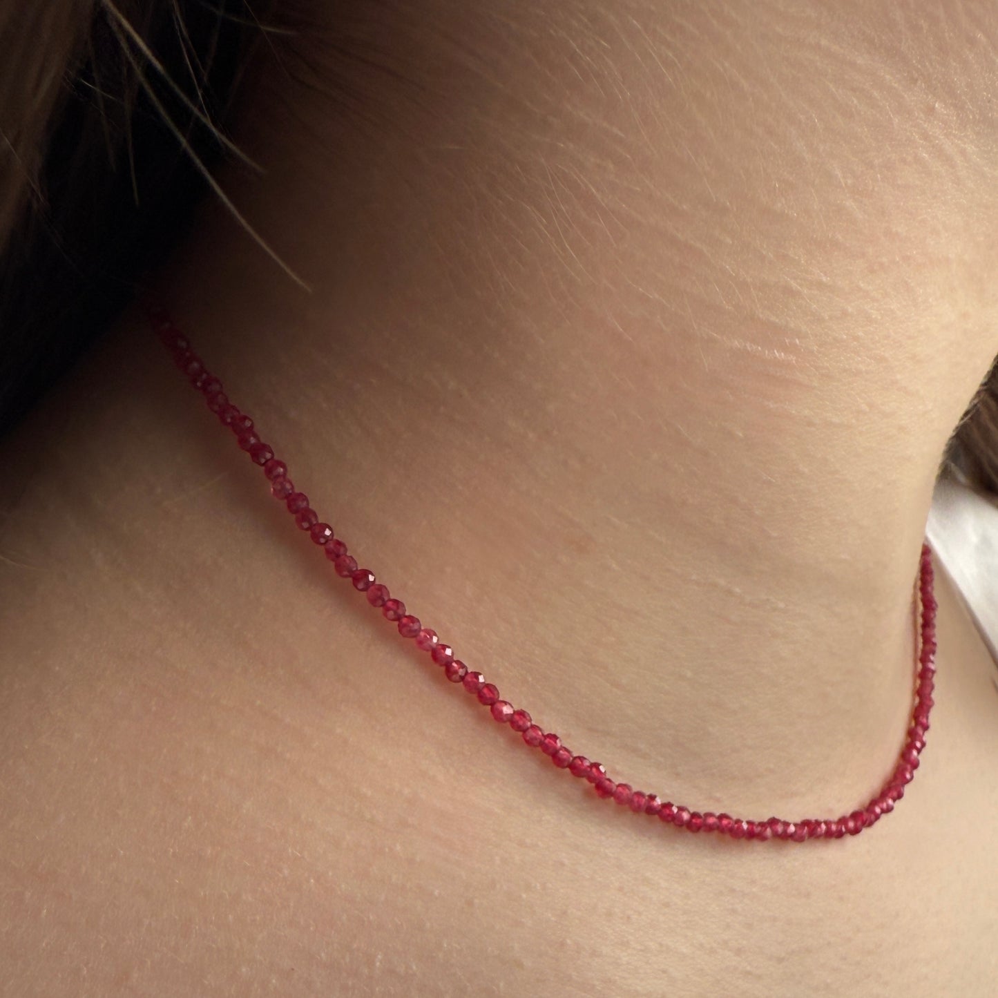 Red Jade Choker Necklace, Tiny Beaded Birthstone Necklace with Silver Chain