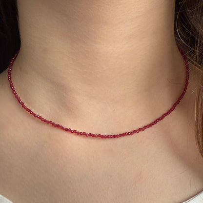 Red Jade Choker Necklace, Tiny Beaded Birthstone Necklace with Silver Chain