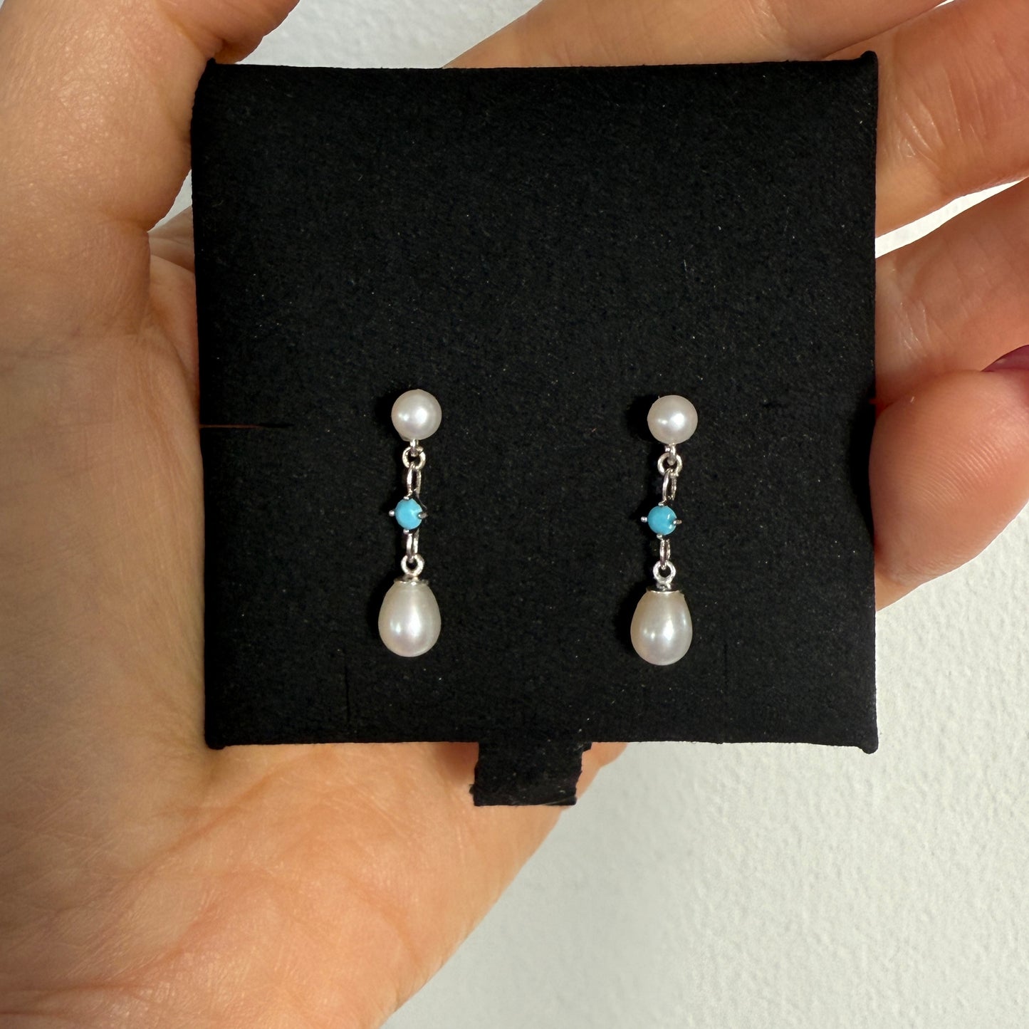 Pearl Stud Earrings, Turquoise Freshwater Pearl Earrings, Silver Earrings