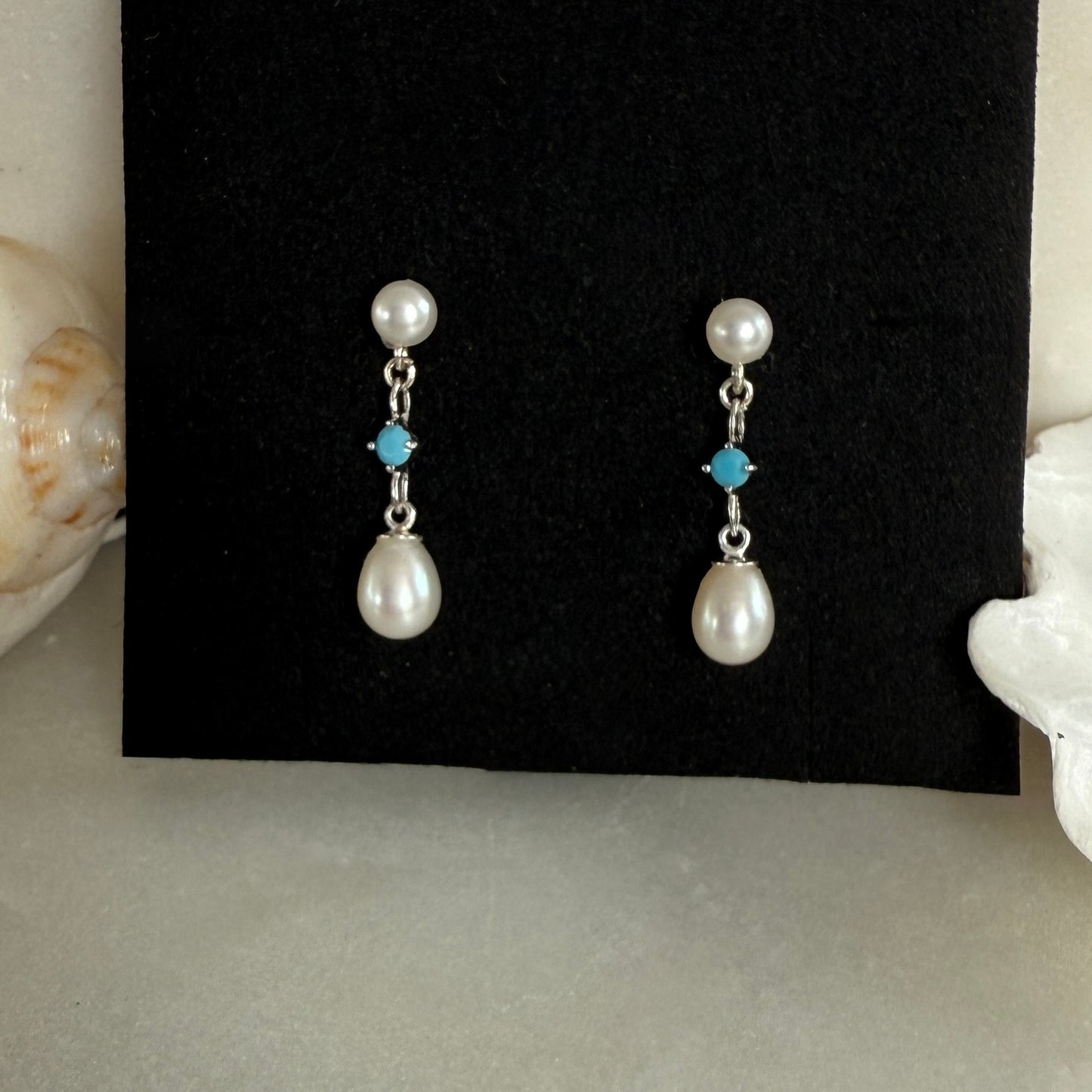 Pearl Stud Earrings, Turquoise Freshwater Pearl Earrings, Silver Earrings