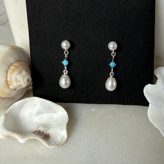 Pearl Stud Earrings, Turquoise Freshwater Pearl Earrings, Silver Earrings