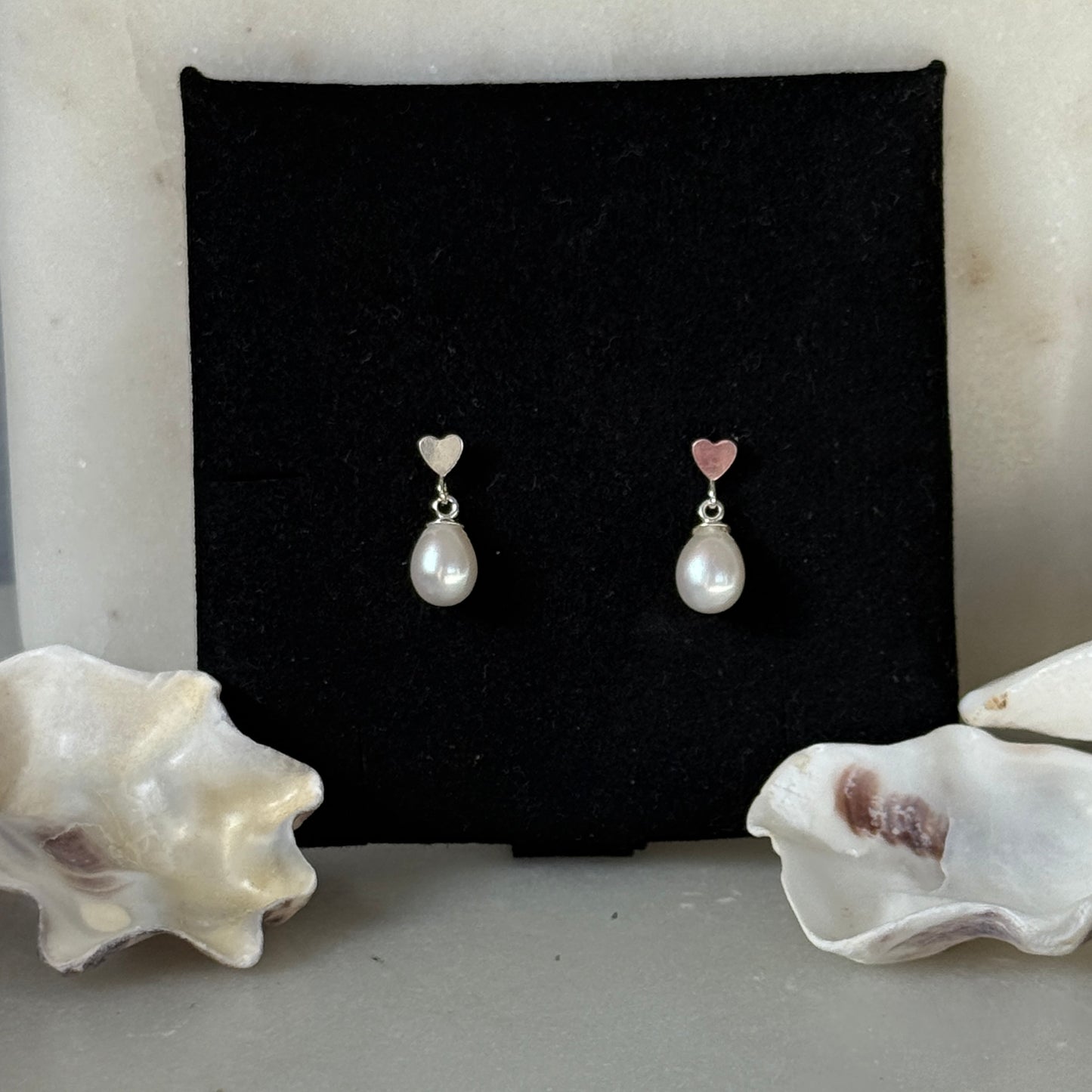 Pearl Stud Earrings, Freshwater Pearl Earrings, Heart Silver Earrings