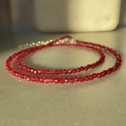 Red Jade Choker Necklace, Tiny Beaded Birthstone Necklace with Silver Chain