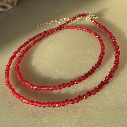 Red Jade Choker Necklace, Tiny Beaded Birthstone Necklace with Silver Chain