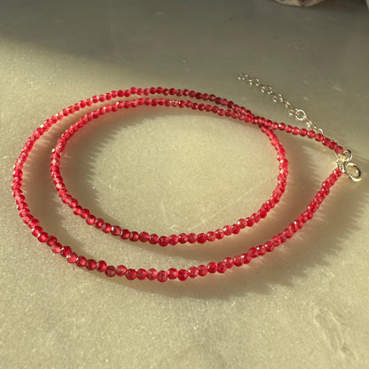 Red Jade Choker Necklace, Tiny Beaded Birthstone Necklace with Silver Chain