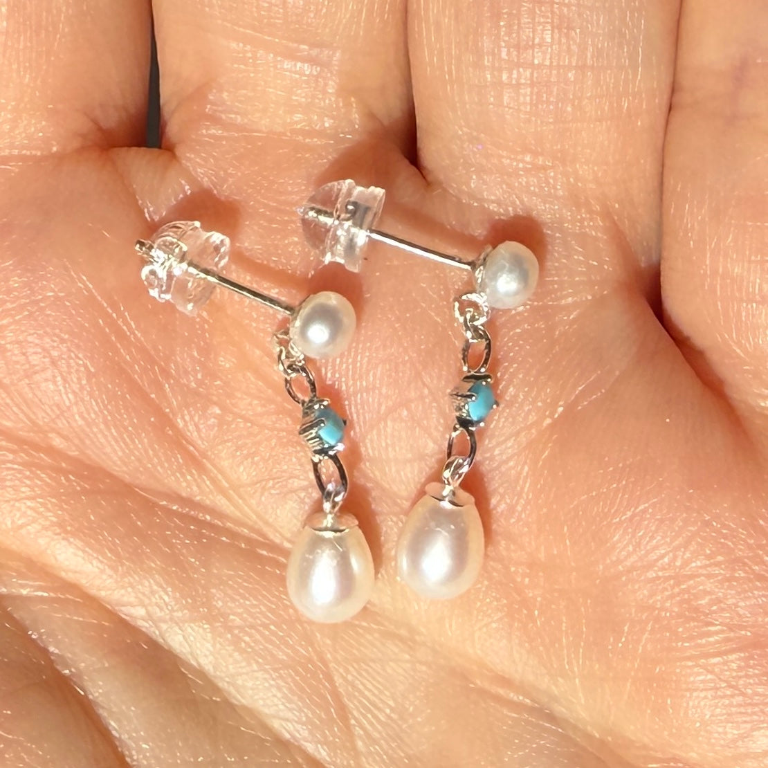 Pearl Stud Earrings, Turquoise Freshwater Pearl Earrings, Silver Earrings