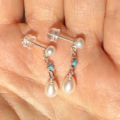 Pearl Stud Earrings, Turquoise Freshwater Pearl Earrings, Silver Earrings