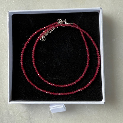 Red Jade Choker Necklace, Tiny Beaded Birthstone Necklace with Silver Chain