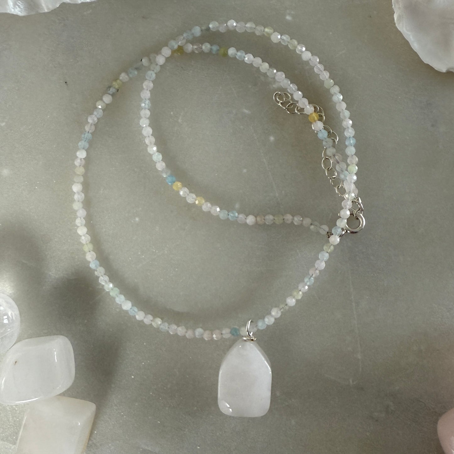 Quartz Crystal Charm Necklace, Morganite Choker Silver Pendant Necklace