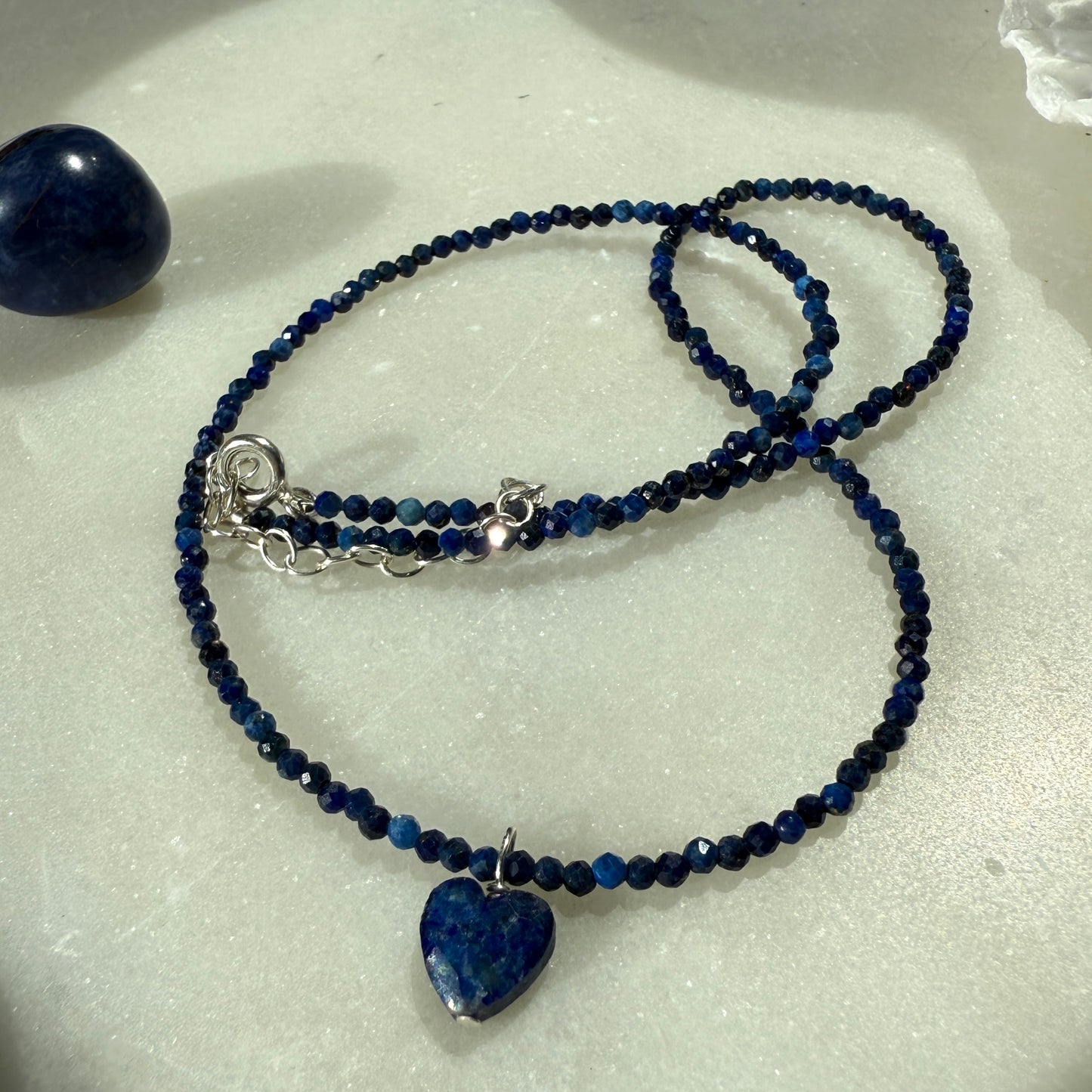 Lapis Lazuli Heart Charm Necklace, Choker Silver Necklace, Birthstone Jewellery