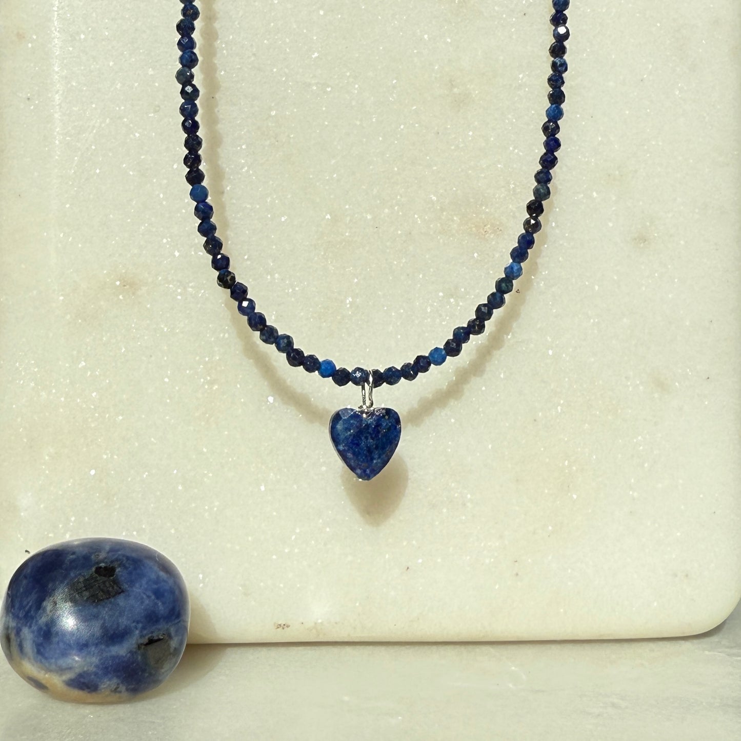 Lapis Lazuli Heart Charm Necklace, Choker Silver Necklace, Birthstone Jewellery