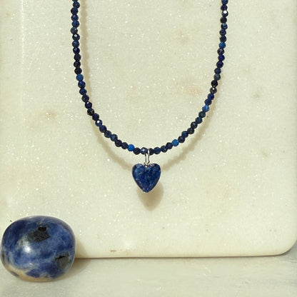 Lapis Lazuli Heart Charm Necklace, Choker Silver Necklace, Birthstone Jewellery