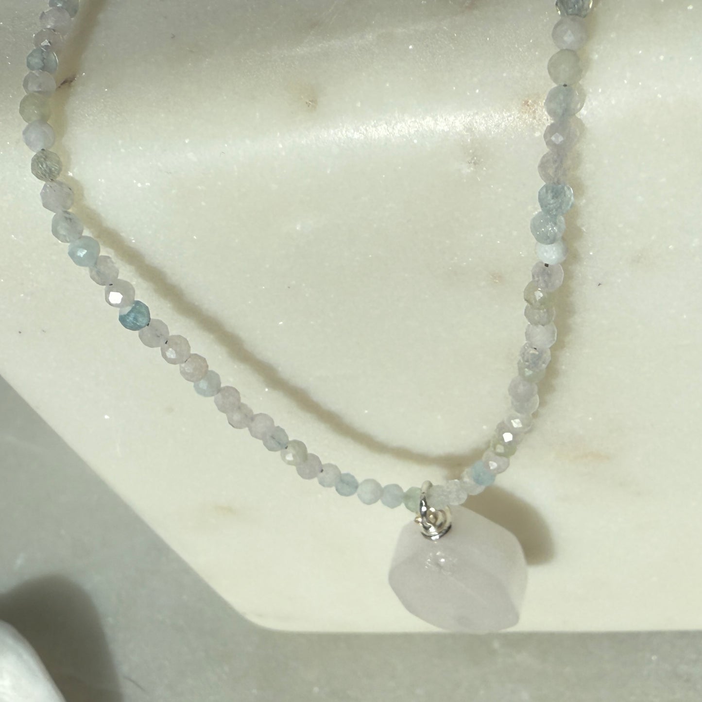 Quartz Crystal Charm Necklace, Morganite Choker Silver Pendant Necklace