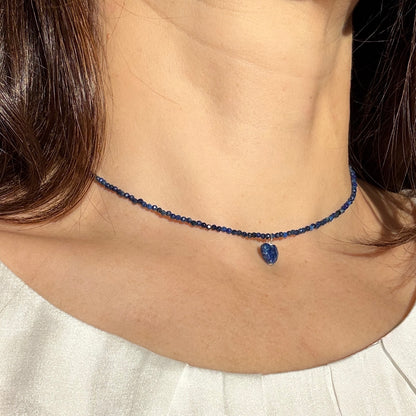 Lapis Lazuli Heart Charm Necklace, Choker Silver Necklace, Birthstone Jewellery