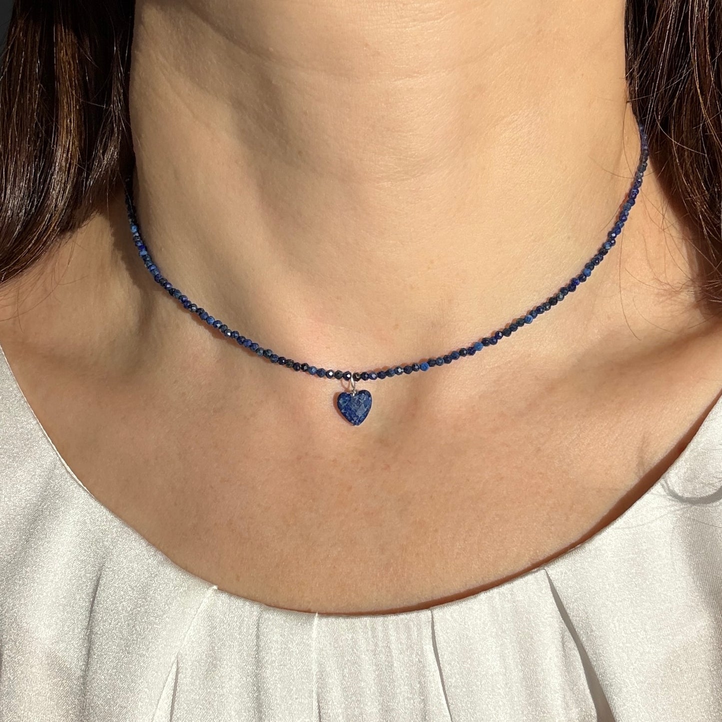 Lapis Lazuli Heart Charm Necklace, Choker Silver Necklace, Birthstone Jewellery
