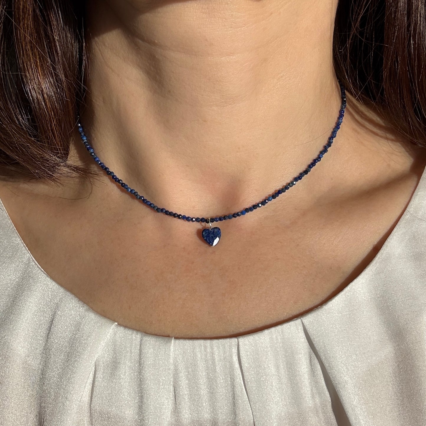 Lapis Lazuli Heart Charm Necklace, Choker Silver Necklace, Birthstone Jewellery