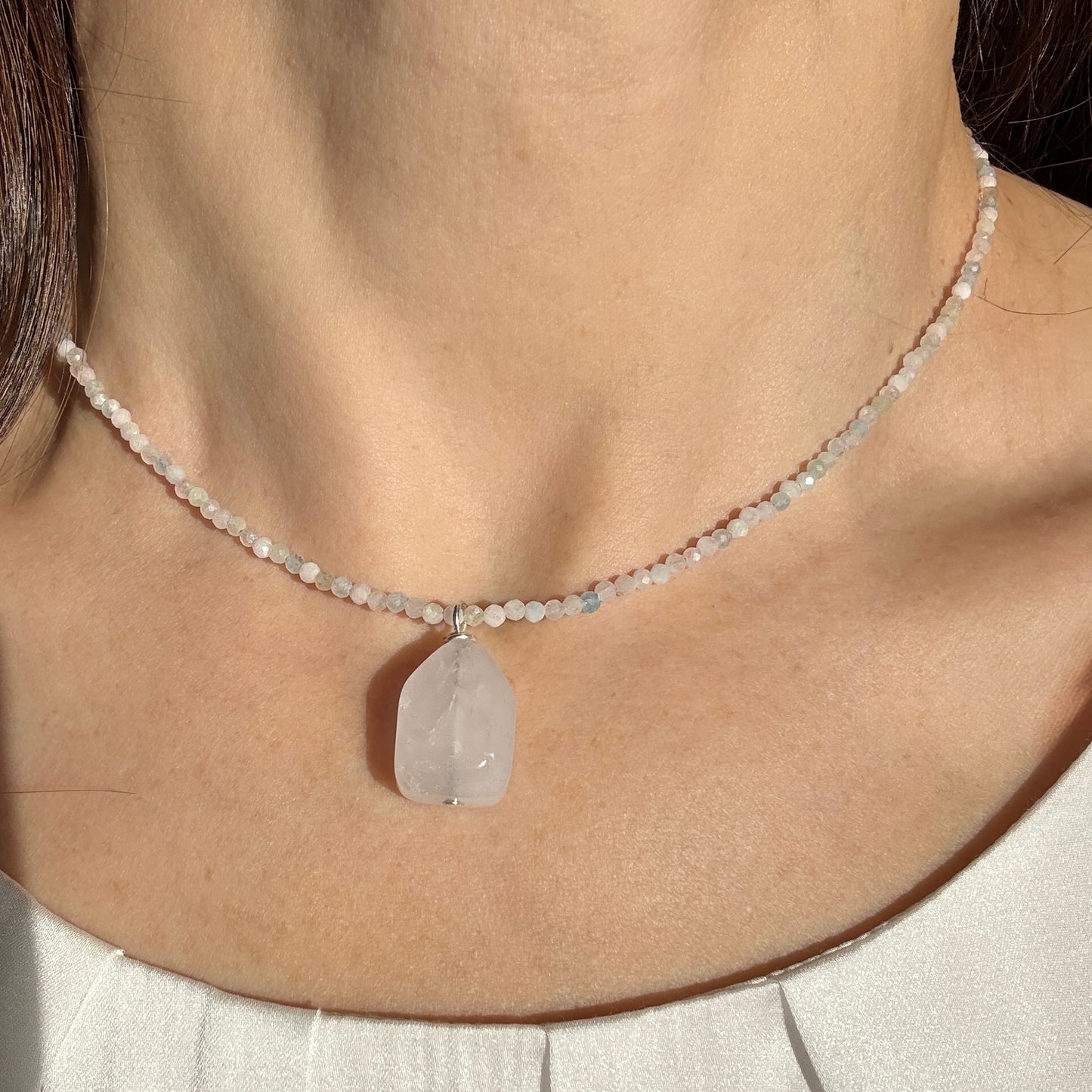 Quartz Crystal Charm Necklace, Morganite Choker Silver Pendant Necklace