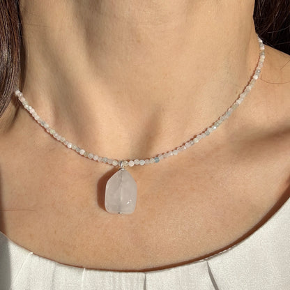 Quartz Crystal Charm Necklace, Morganite Choker Silver Pendant Necklace