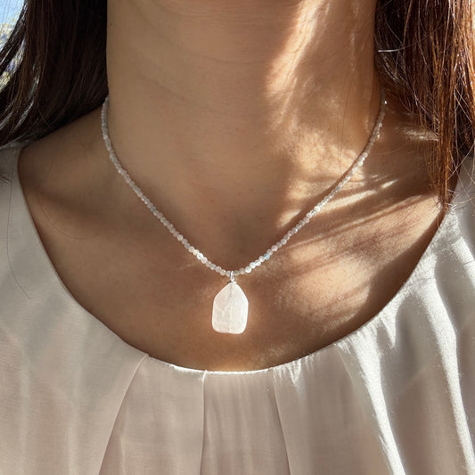 Quartz Crystal Charm Necklace, Morganite Choker Silver Pendant Necklace