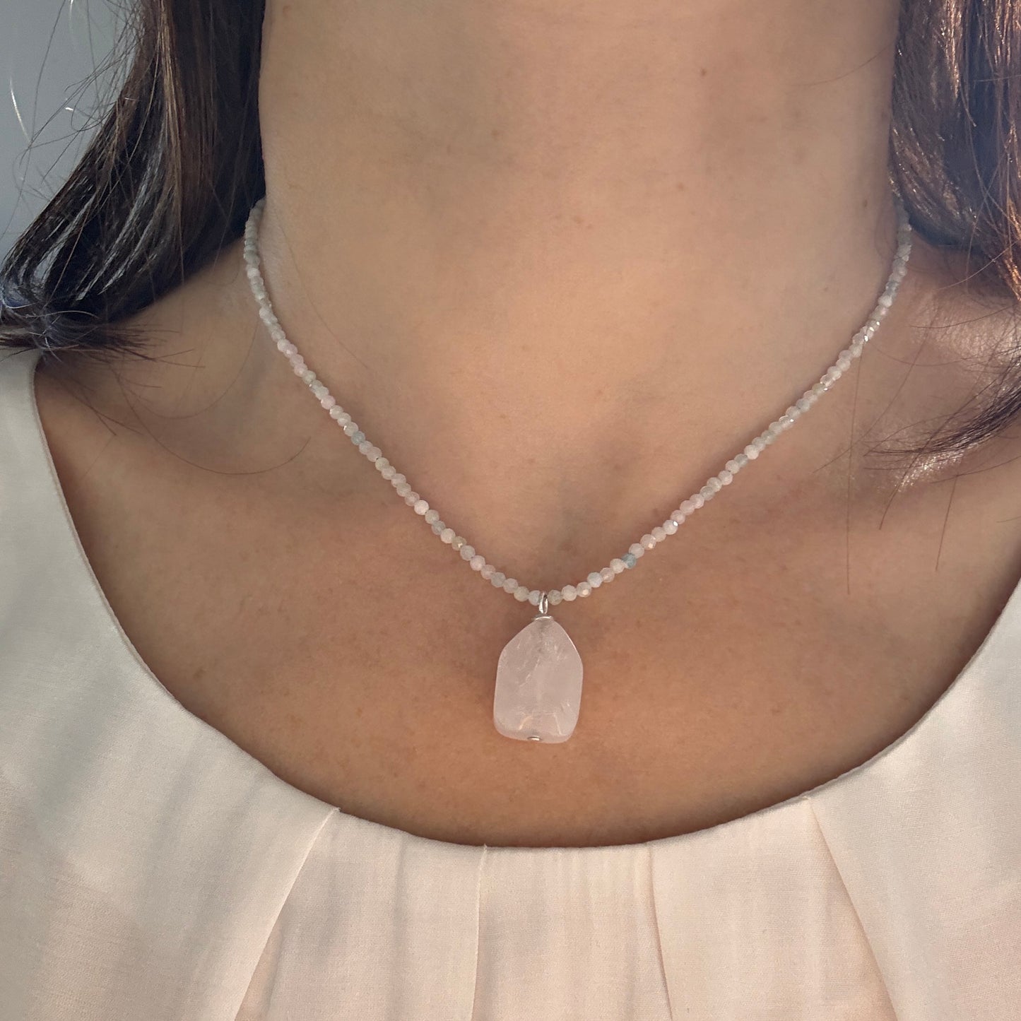 Quartz Crystal Charm Necklace, Morganite Choker Silver Pendant Necklace