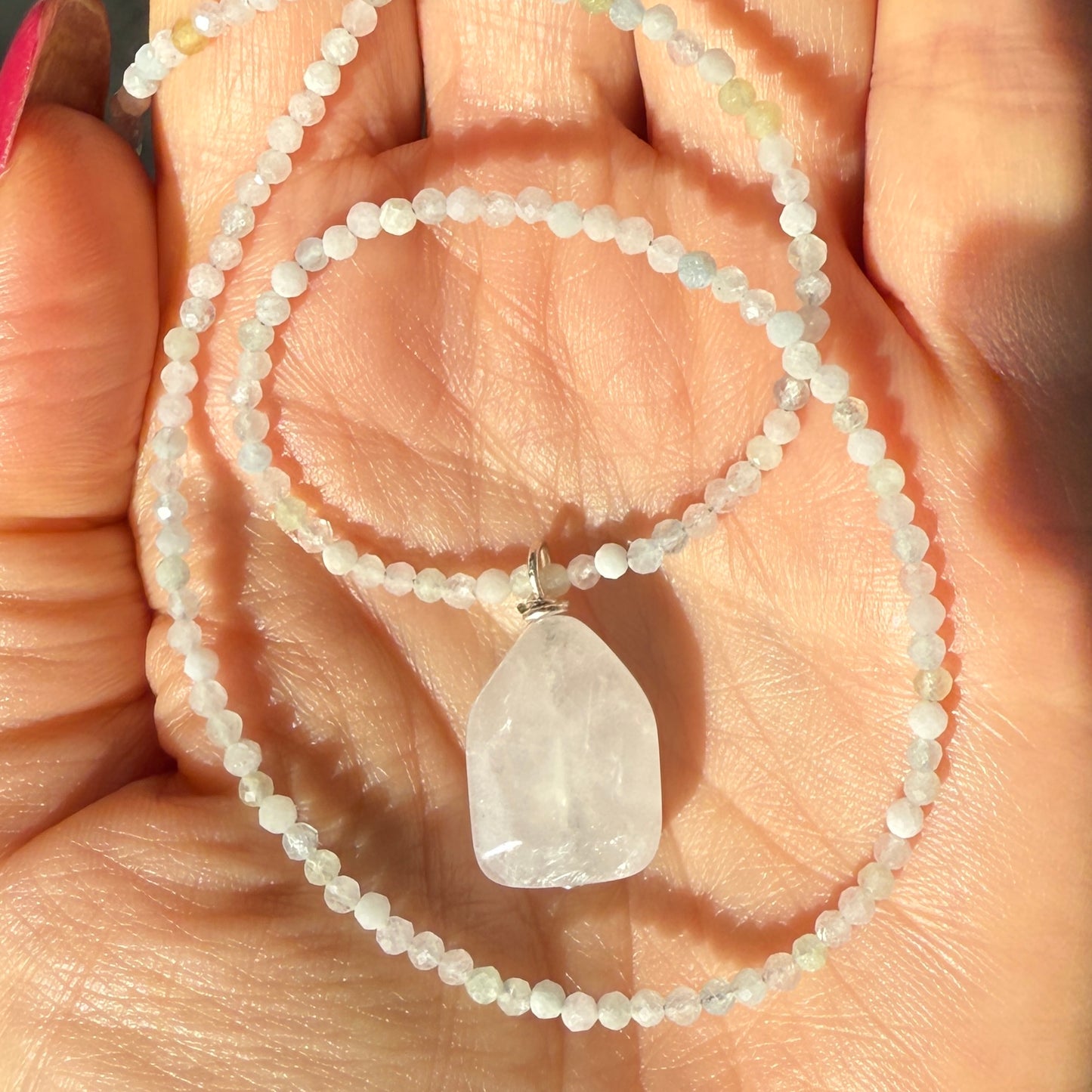 Quartz Crystal Charm Necklace, Morganite Choker Silver Pendant Necklace