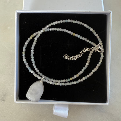 Quartz Crystal Charm Necklace, Morganite Choker Silver Pendant Necklace