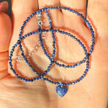 Lapis Lazuli Heart Charm Necklace, Choker Silver Necklace, Birthstone Jewellery